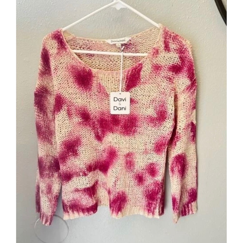 Davi & Dani Pink Cream Tie Dye Open Knit Scoop Neck Sweater Small